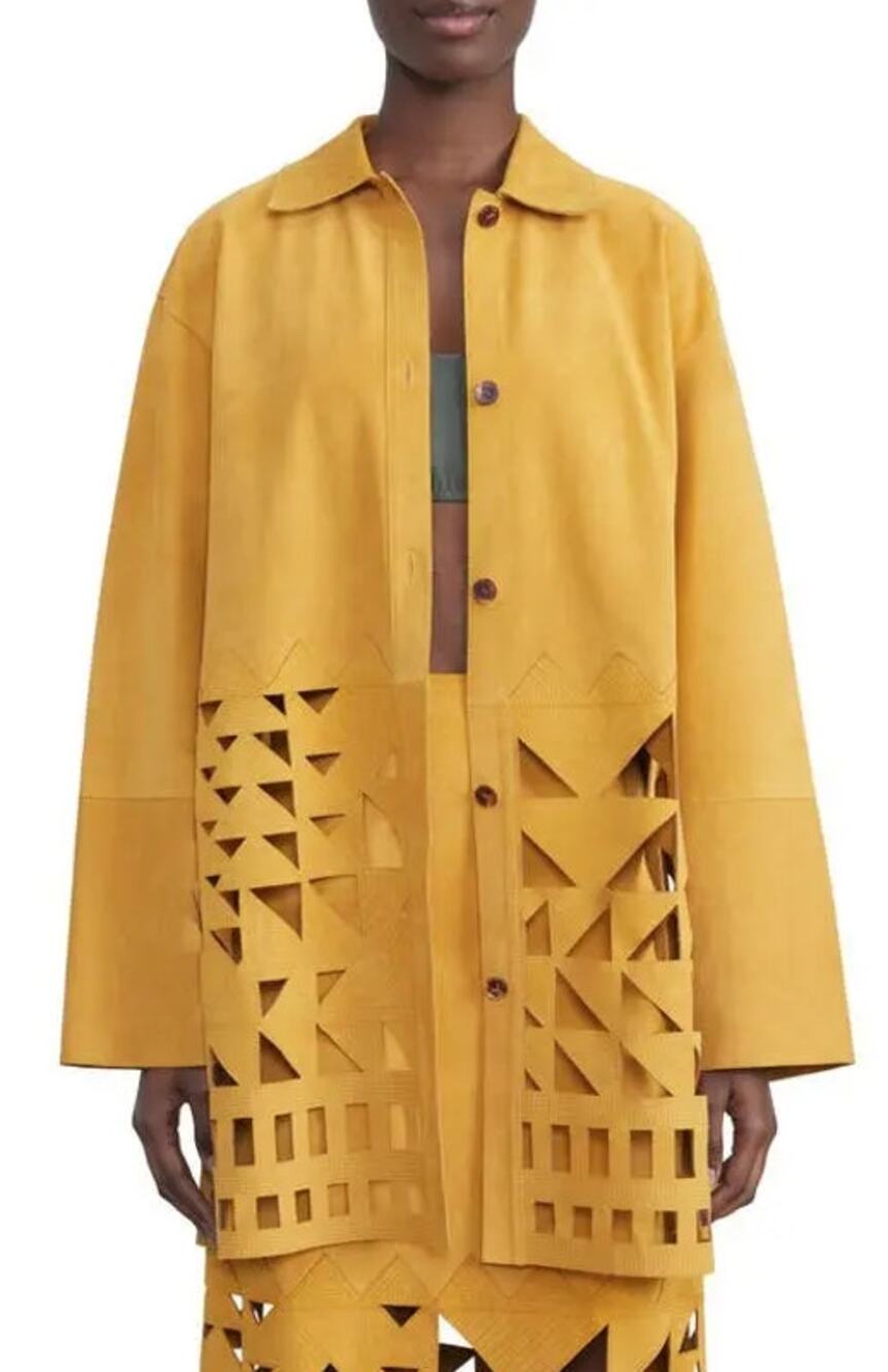 LAFAYETTE 148 Clyde Laser Cut Suede Jacket NWT Spiced Honey Yellow Women's XL